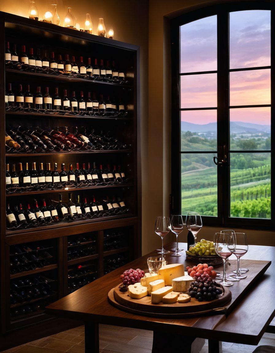 A luxurious wine cellar filled with rare and vintage wine bottles, elegantly displayed on polished wooden shelves. A beautifully set table with fine crystal wine glasses and a gourmet cheese platter, bathed in warm candlelight. Breathtaking views of rolling vineyards through a large window in the background, evoking a sense of indulgence and sophistication. soft focus, rich colors, inviting atmosphere.