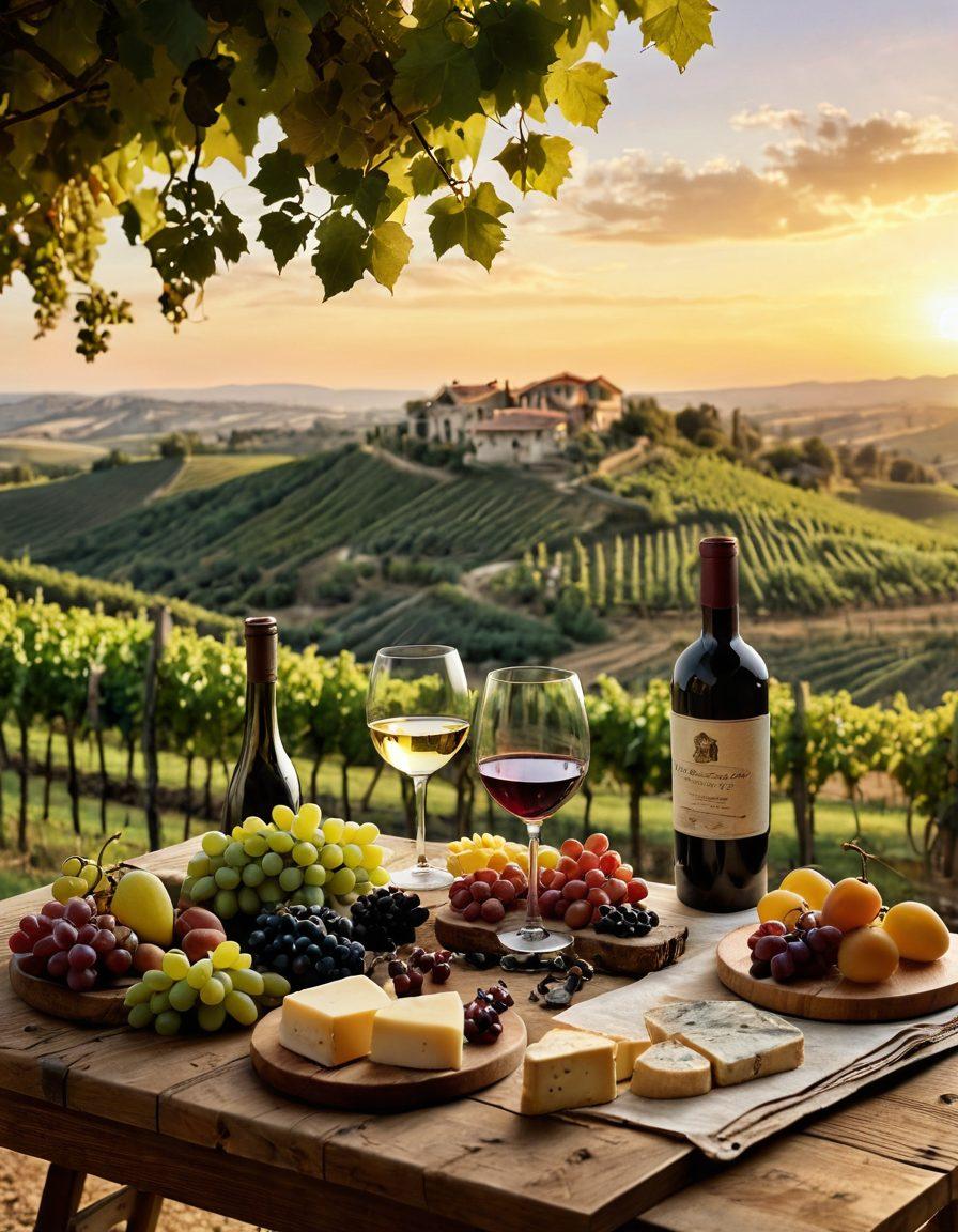 A rustic vineyard landscape with rolling hills, grapevines ripe for harvest under a golden sunset. In the foreground, elegant wine glasses filled with various shades of wine, alongside a wooden tasting table adorned with cheese and fruits. A sommelier swirling a glass, wearing a stylish apron, with a backdrop of an old stone winery. The scene evokes warmth and sophistication, inviting readers to indulge in the world of wine. super-realistic. vibrant colors. 3D.