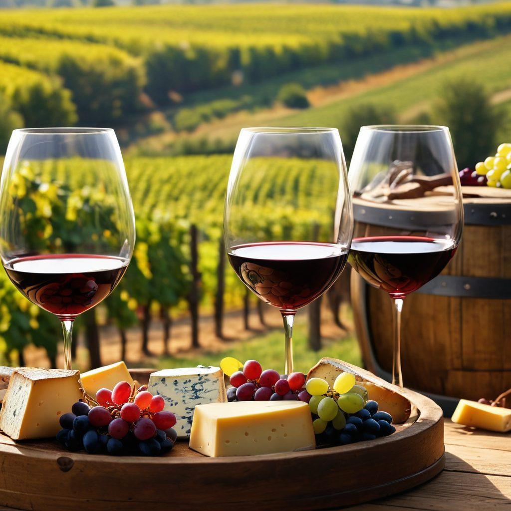 An elegant wine tasting scene with enthusiasts swirling glasses of red and white wine, surrounded by vineyard landscapes and rustic wooden barrels. Include rich color palettes of deep burgundies and greens, capturing the warm ambiance of sunlight filtering through grapevines. Details like cheese platters and grapes enhance the sensory experience. super-realistic. vibrant colors. warm lighting.